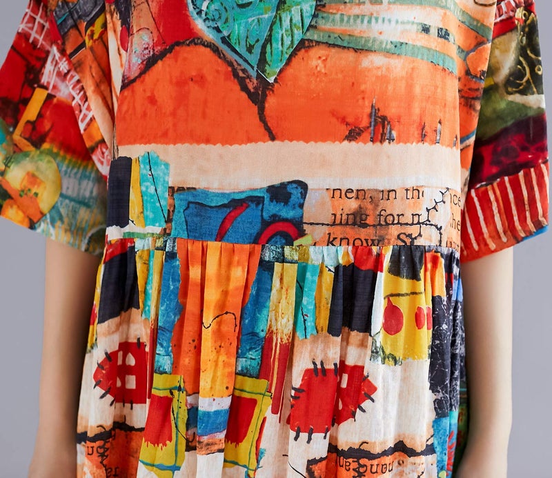ellazhu Women's Half Sleeve Summer Oversized Bohemian Dress Scoop Neck Abstract Print Maxi Baggy Beach Dresses GA1396 - Image 5